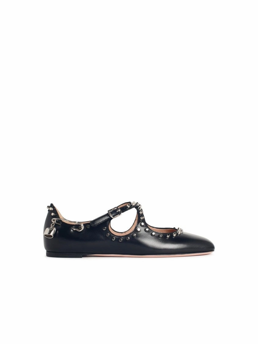 'Rina' Black Leather Ballet Flats With Studs Non-Slip Footwear Adjustable Step
