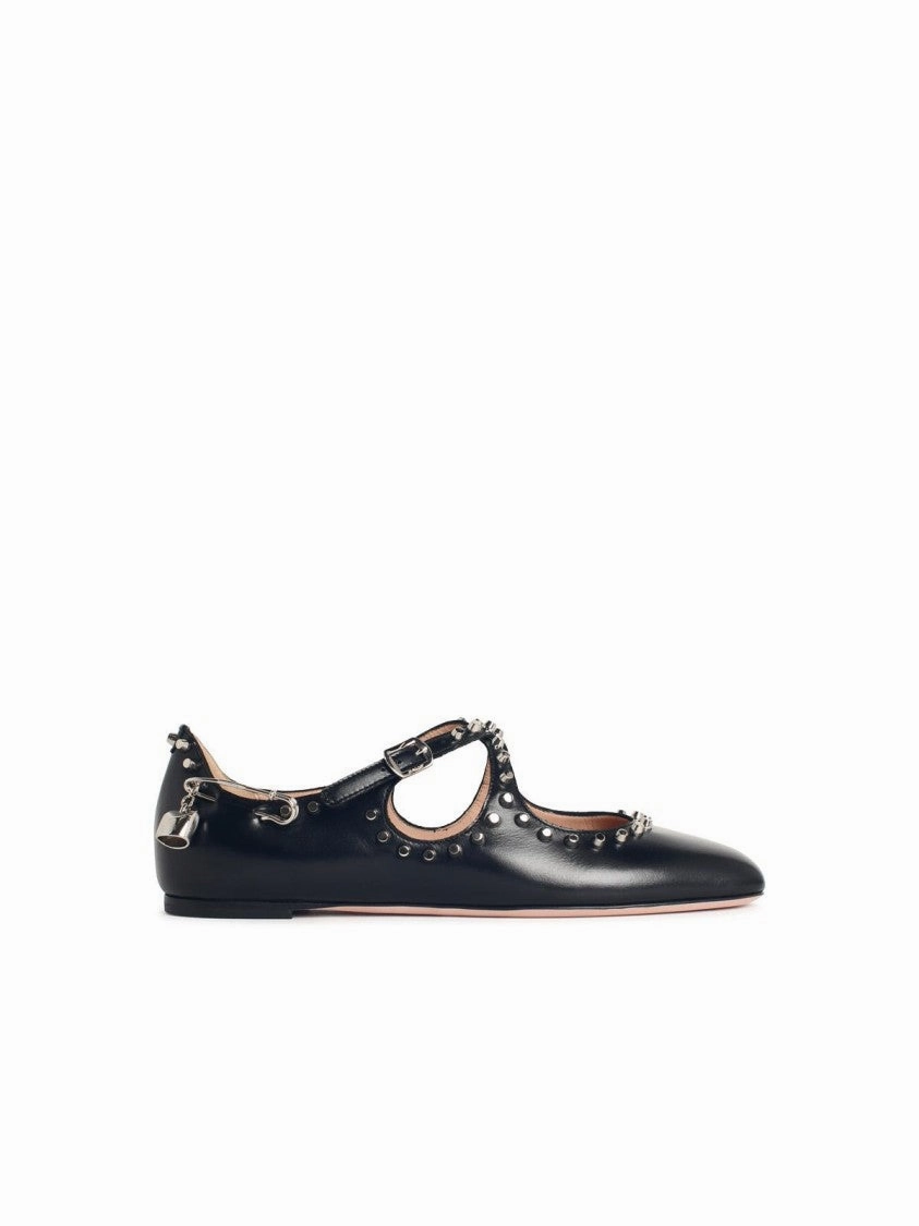 'Rina' Black Leather Ballet Flats With Studs City Glow Style Trip