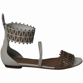 Sleek Sole Metal Buckle Alaia Ankle-cuff Laser Cut Sandals In White Leather