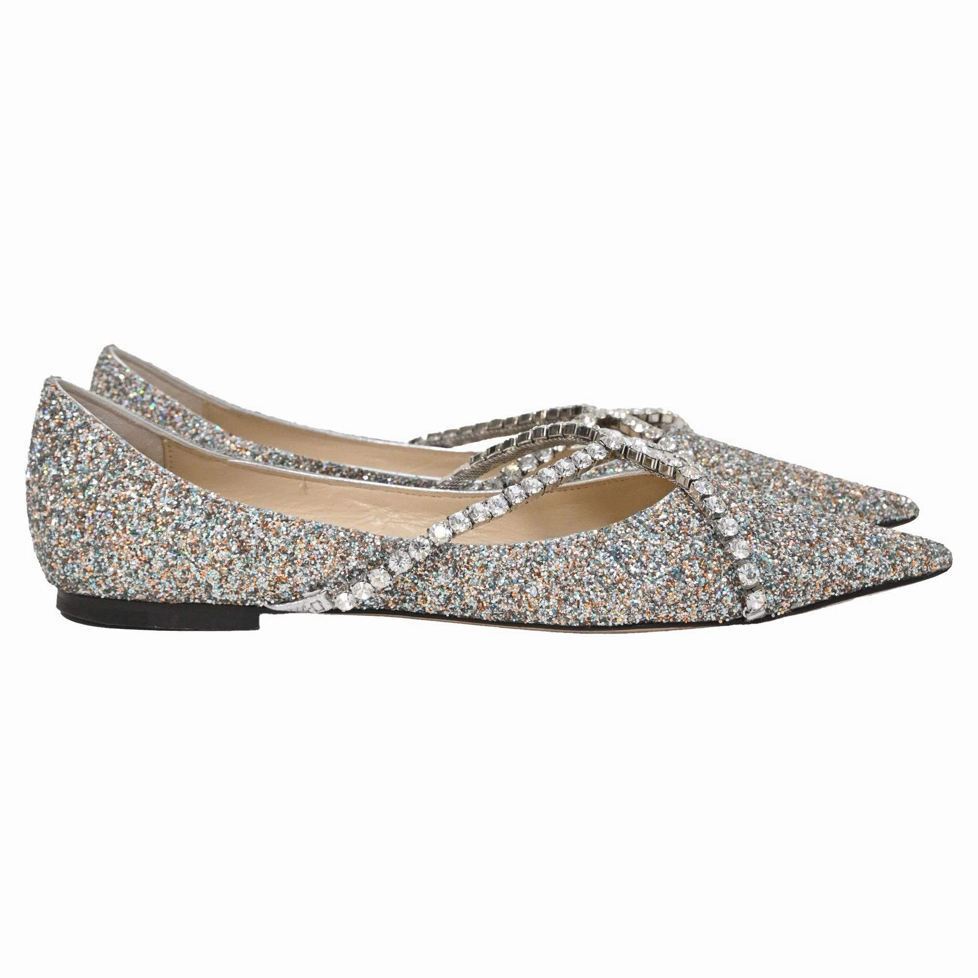 Jimmy Choo Genevi Crystal Embellished Ballet Flats in Silver Glitter Help Day Stylish Slip-Ons