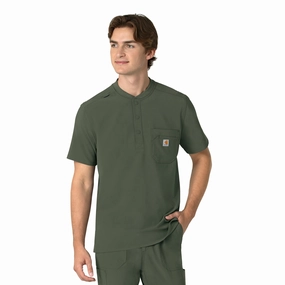 BreathableFabric Carhartt Force Cross-Flex Men's Henley Scrub Top - Olive