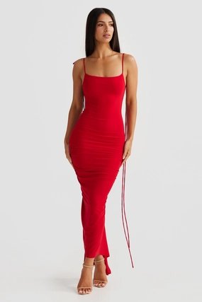 Azari Midi Dress - Red Noble Aura Front-Pocket