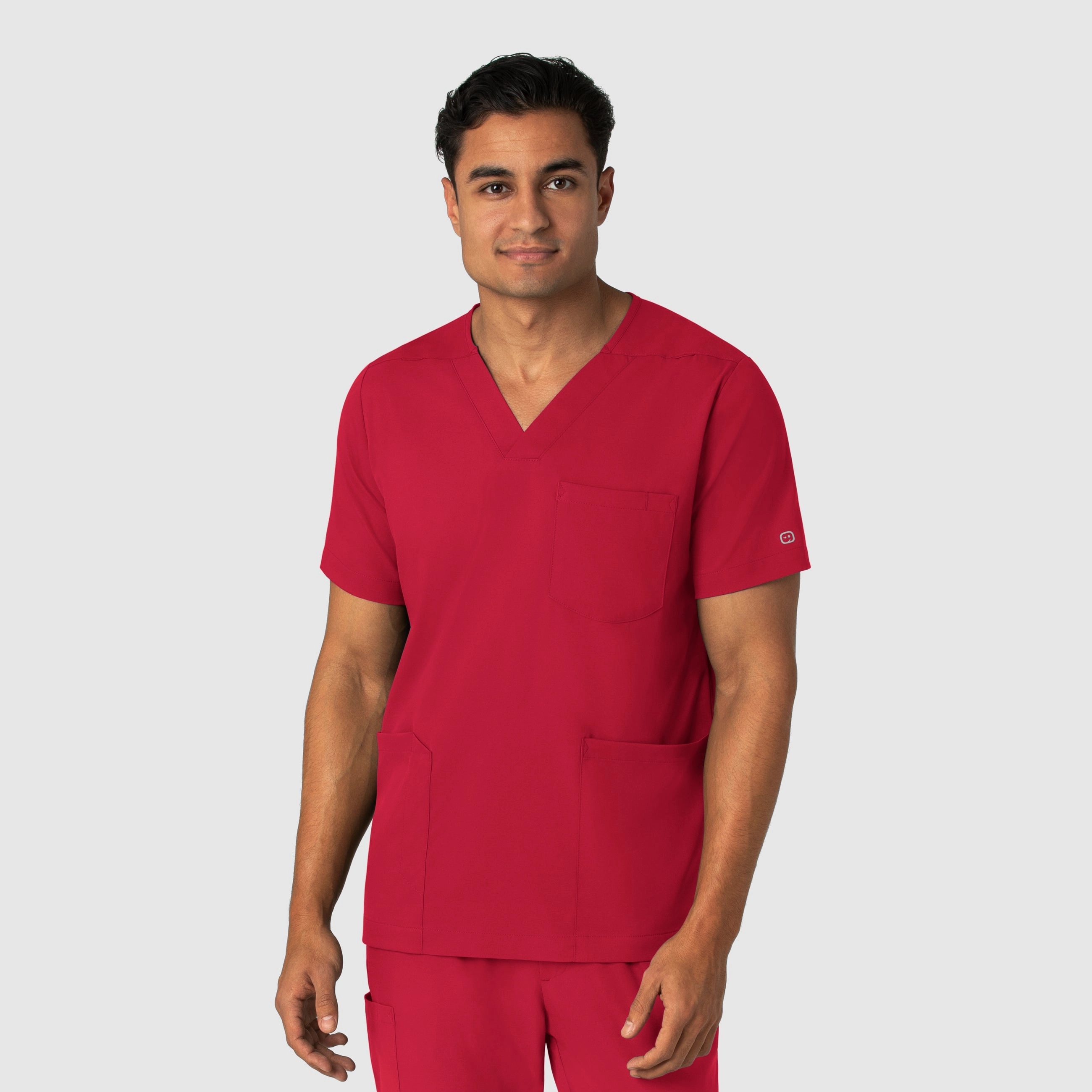 Reinforced Hem Stitching Raw Edge Detail Boundless Men's Multi Pocket V-Neck Scrub Top - Red