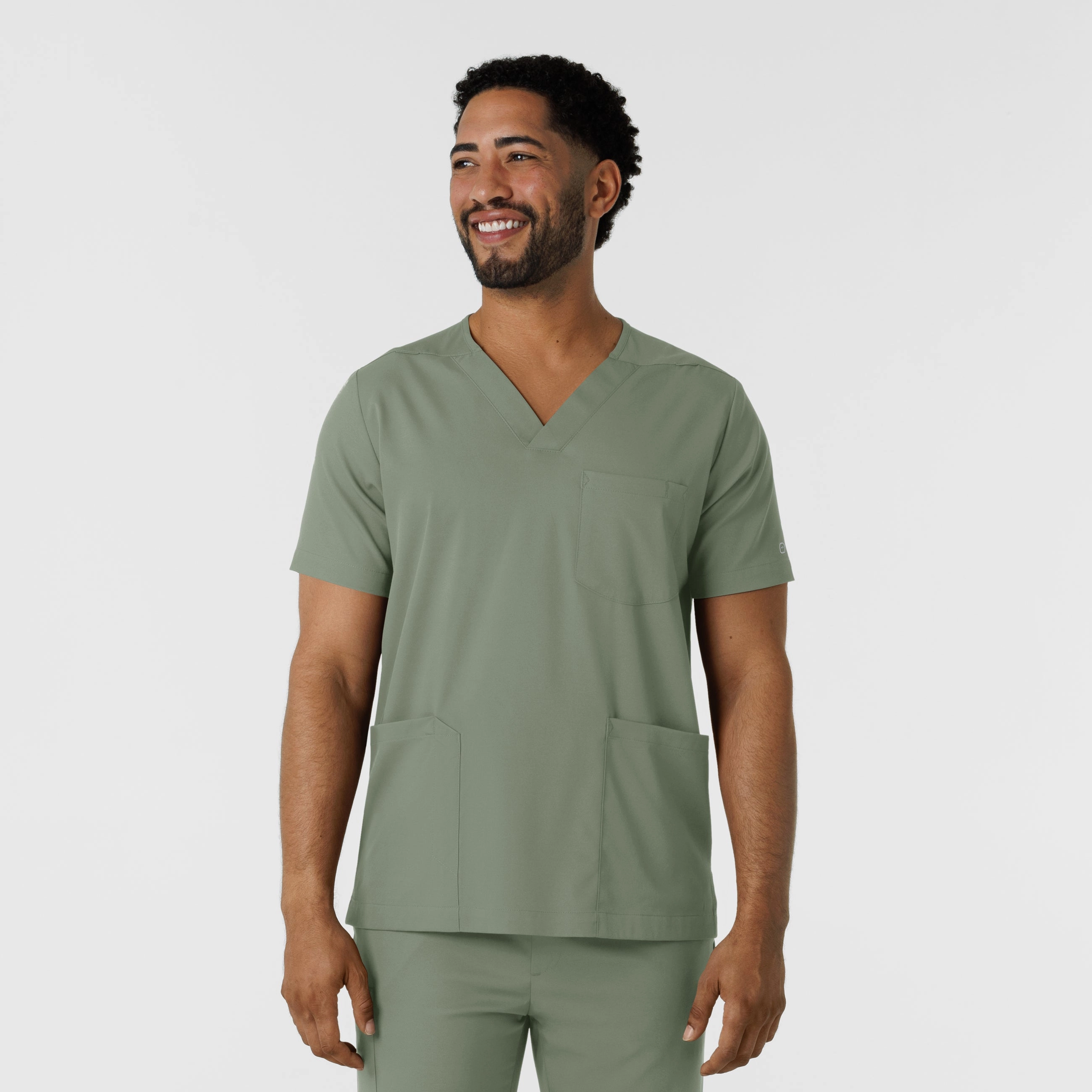 Oversized Collar AllDaySoftness Boundless Men's Multi Pocket V-Neck Scrub Top - Sage