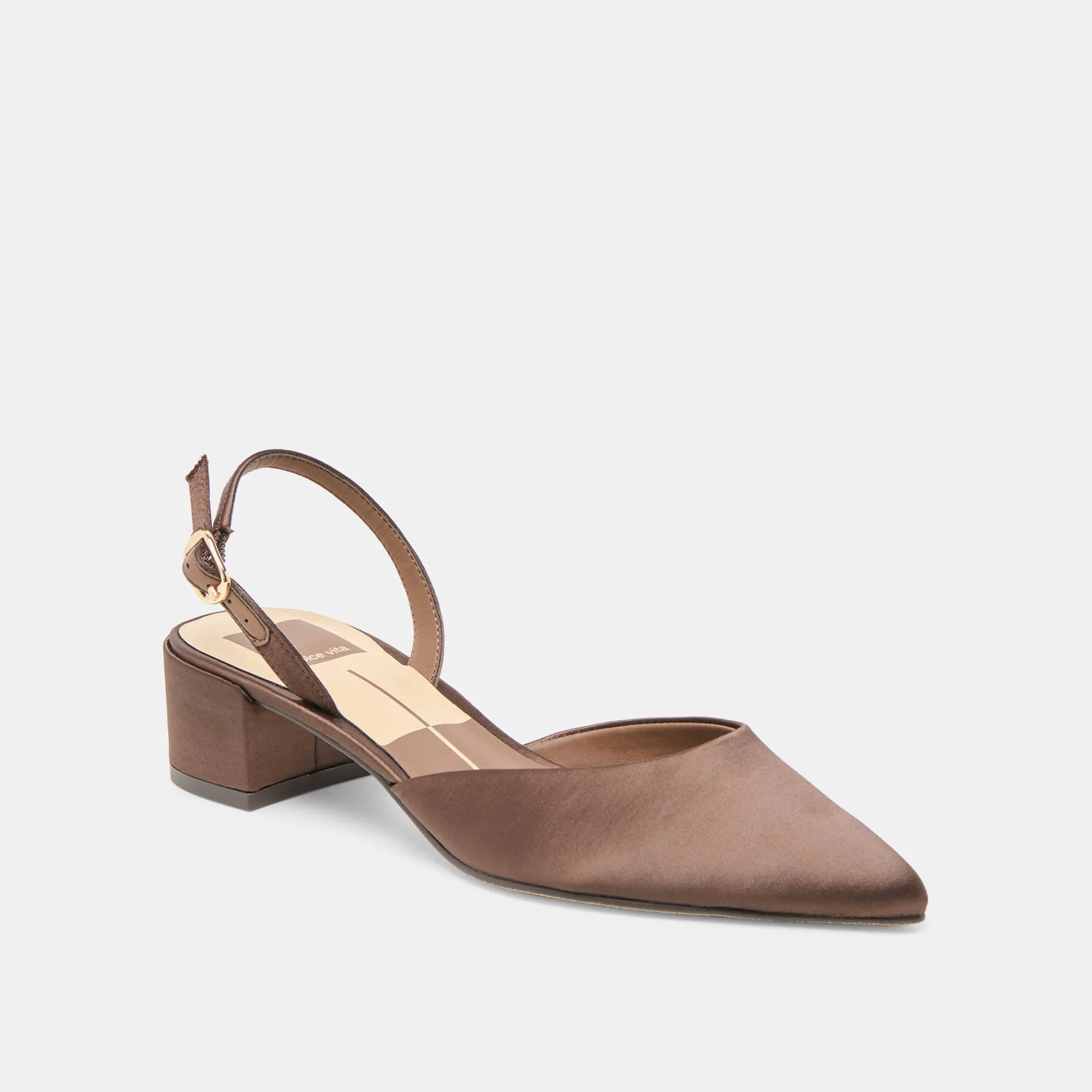 CAREL HEELS DK BROWN SATIN Tapered Heel