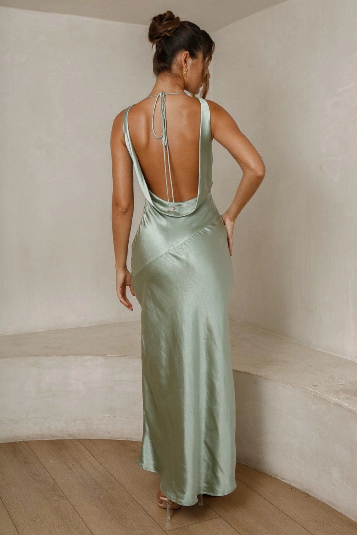 Cassandra Cowl Neck Maxi Dress - Pistachio Rhinestone-Detail