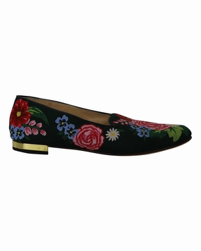 Charlotte Olympia Rose Garden Floral Embroidered Flats in Green Fabric Cold resistant