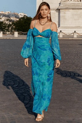 Charly Maxi Dress - Blue Floral Tailored Layers Guest Glam