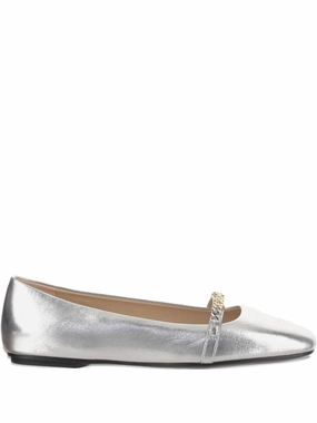 Pointed Toe Flats With Metallic Silver Finish And Chain Detail Flexible Cushioning Airy Step