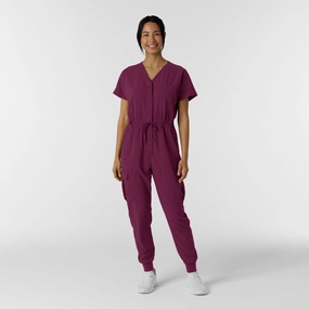 RENEW Women's Cargo Jogger Scrub Jumpsuit - Wine Modern Design WindproofLayer