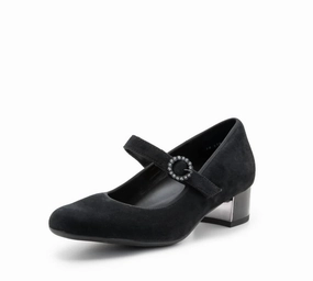 Women's Rhinestone Buckle Mary Jane Pumps In Black Suede French Charm
