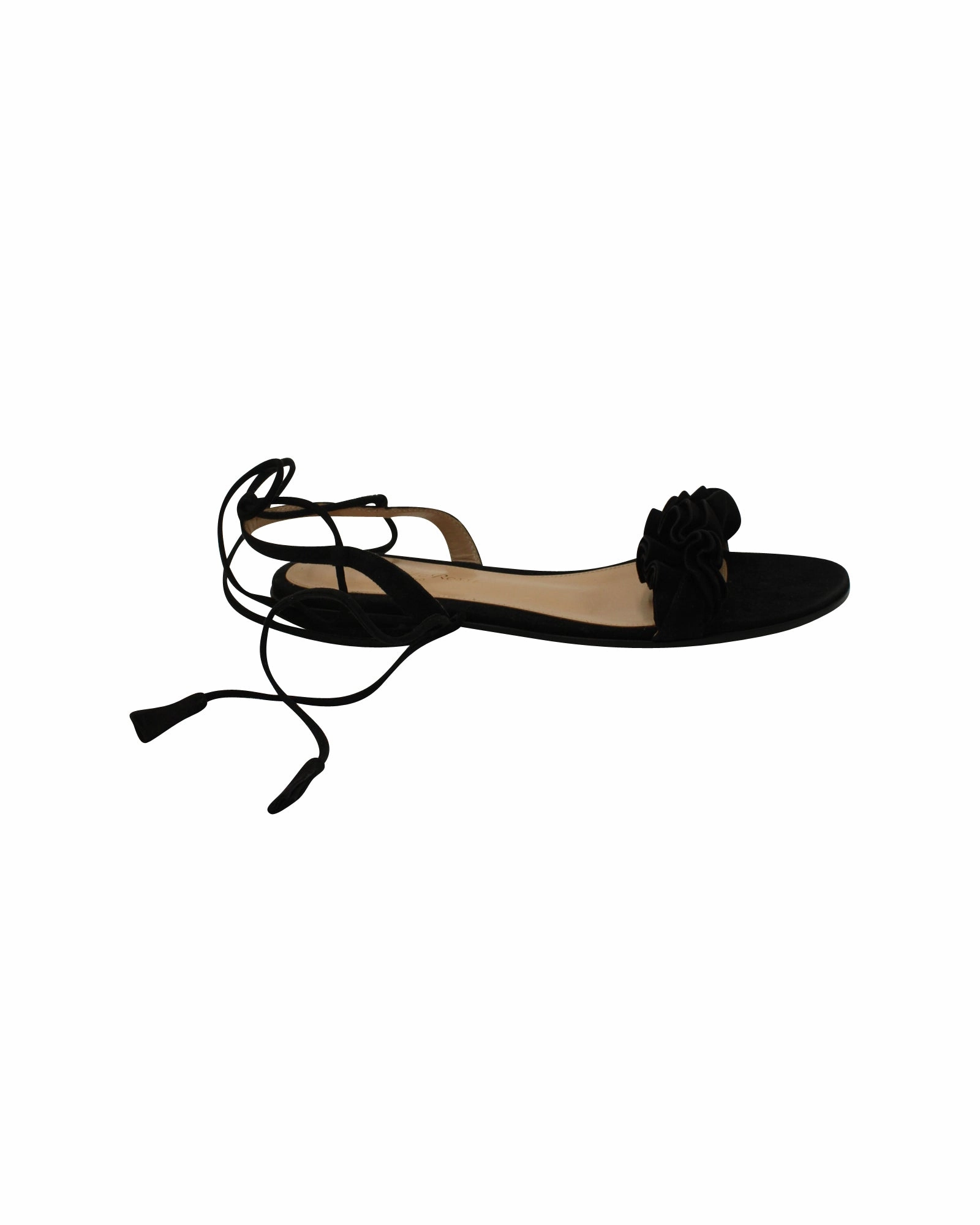 Shell Tone Gianvito Rossi Ruffle Lace Up Sandals in Black Suede