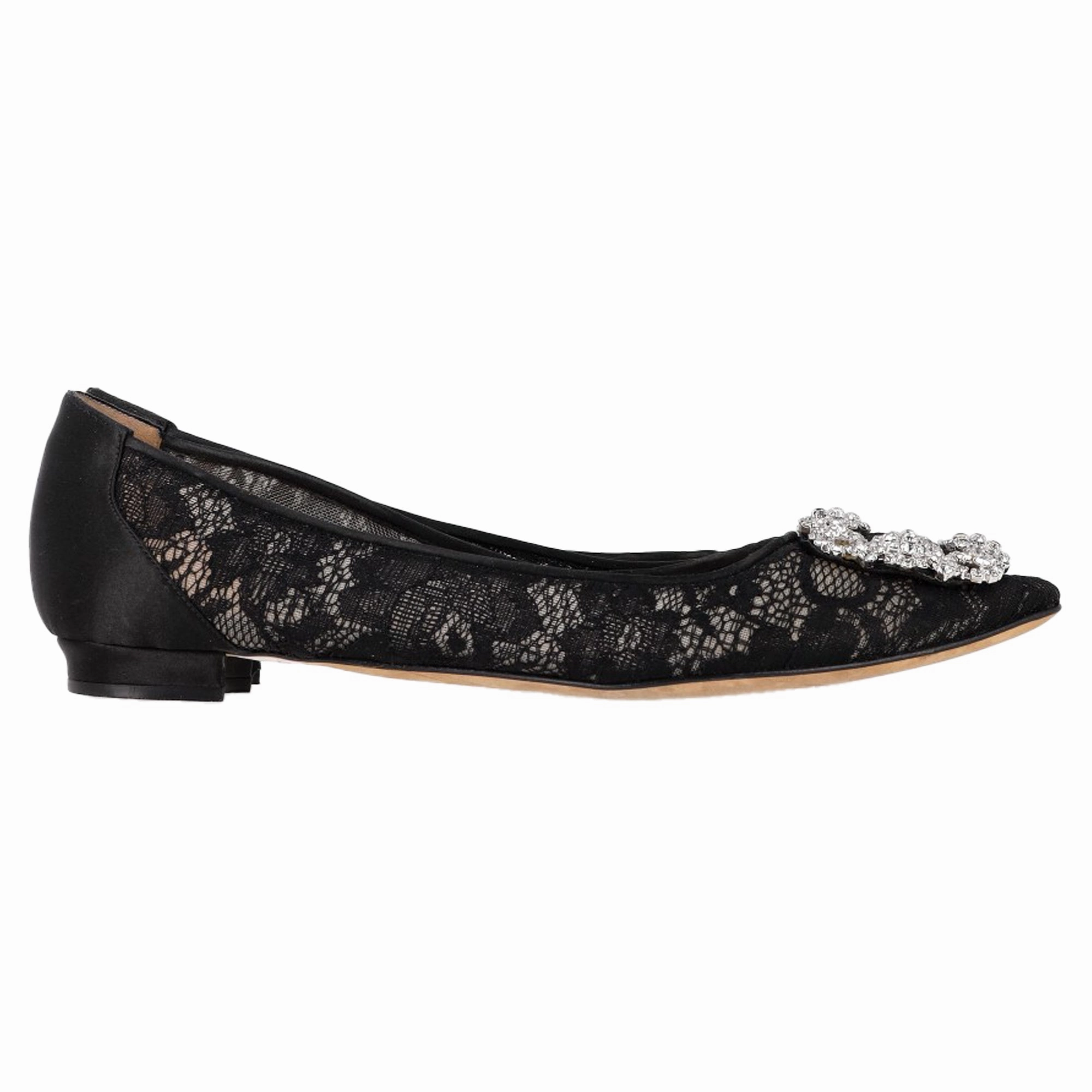 Manolo Blahnik Hangisi Crystal Embellished Lace Ballet Flats in Black Cotton Lightweight Footwear Sea Path