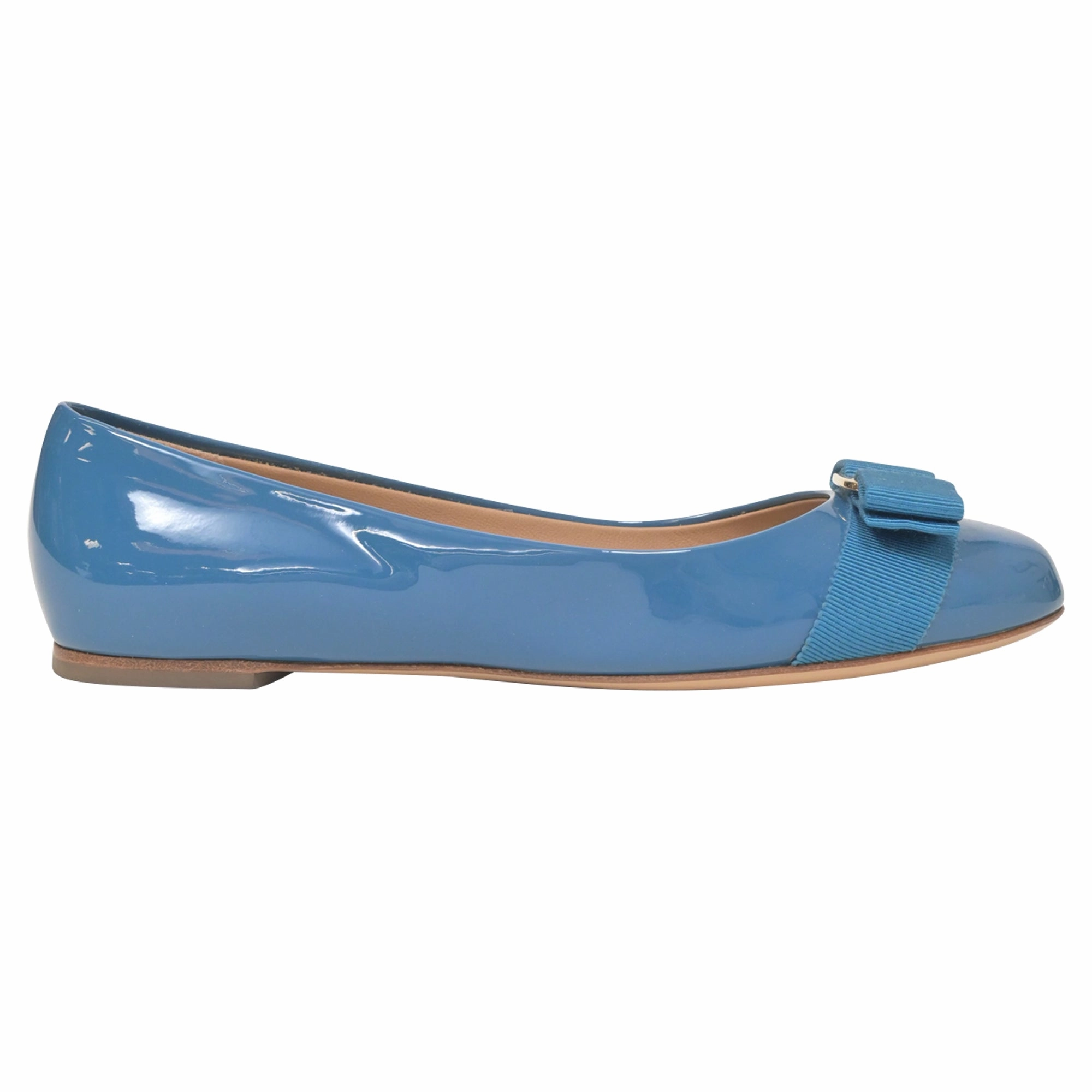 Salvatore Ferragamo Varina Bow Ballet in Blue Patent Leather Event Glow