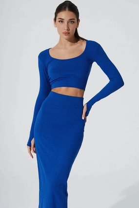 Zeya Knitted Long Sleeve Crop Top - Egyptian Blue Wear Resistant Fabric CrossBackDesign