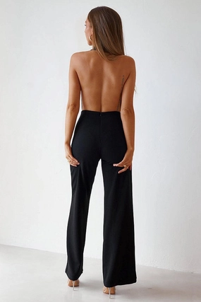 Lower Hem Elastic-Waist Backless Jumpsuit - Black