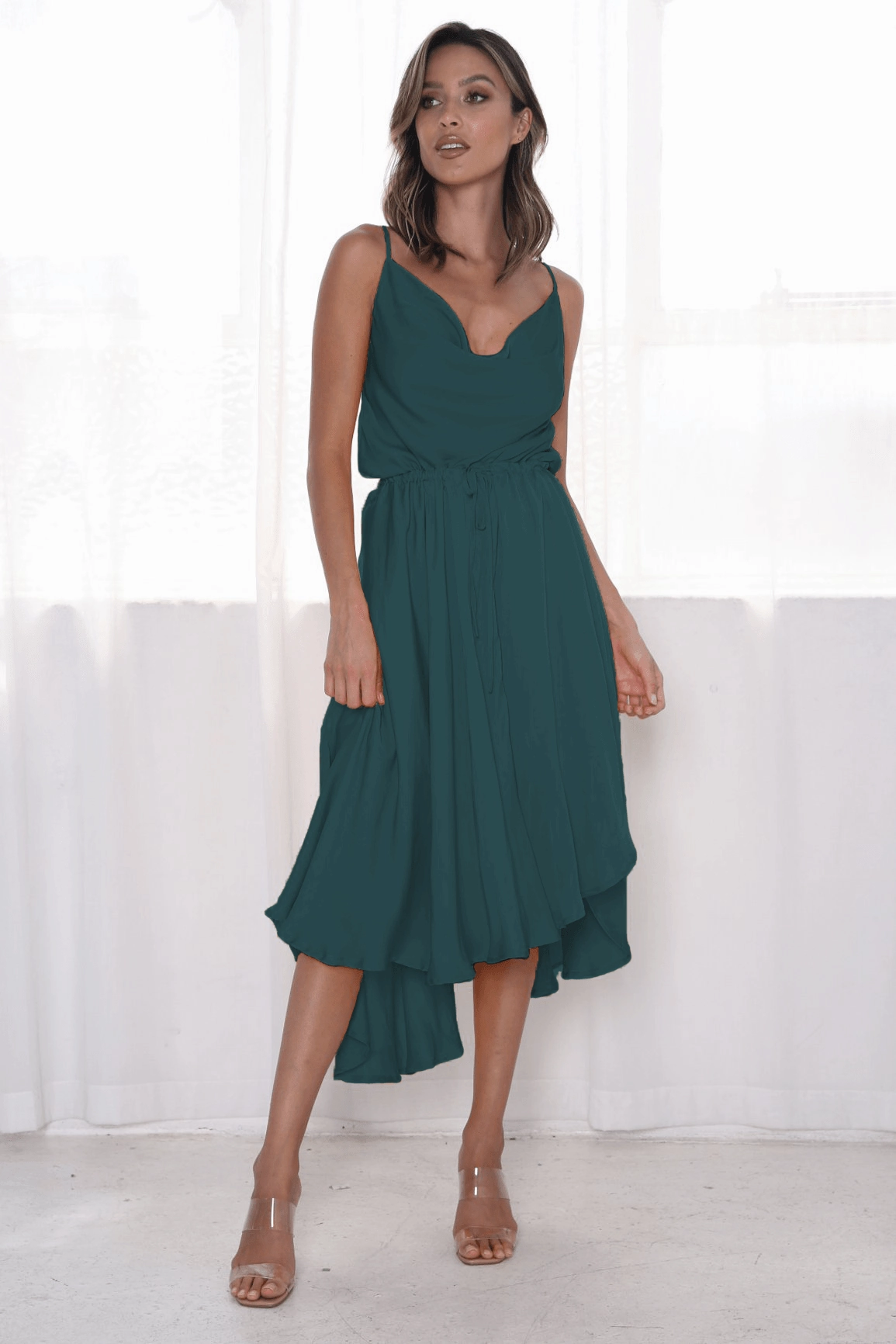 Sunshine Midi Dress - Green Flared-Hem Pleated-Texture