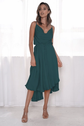 Sunshine Midi Dress - Green Flared-Hem Pleated-Texture