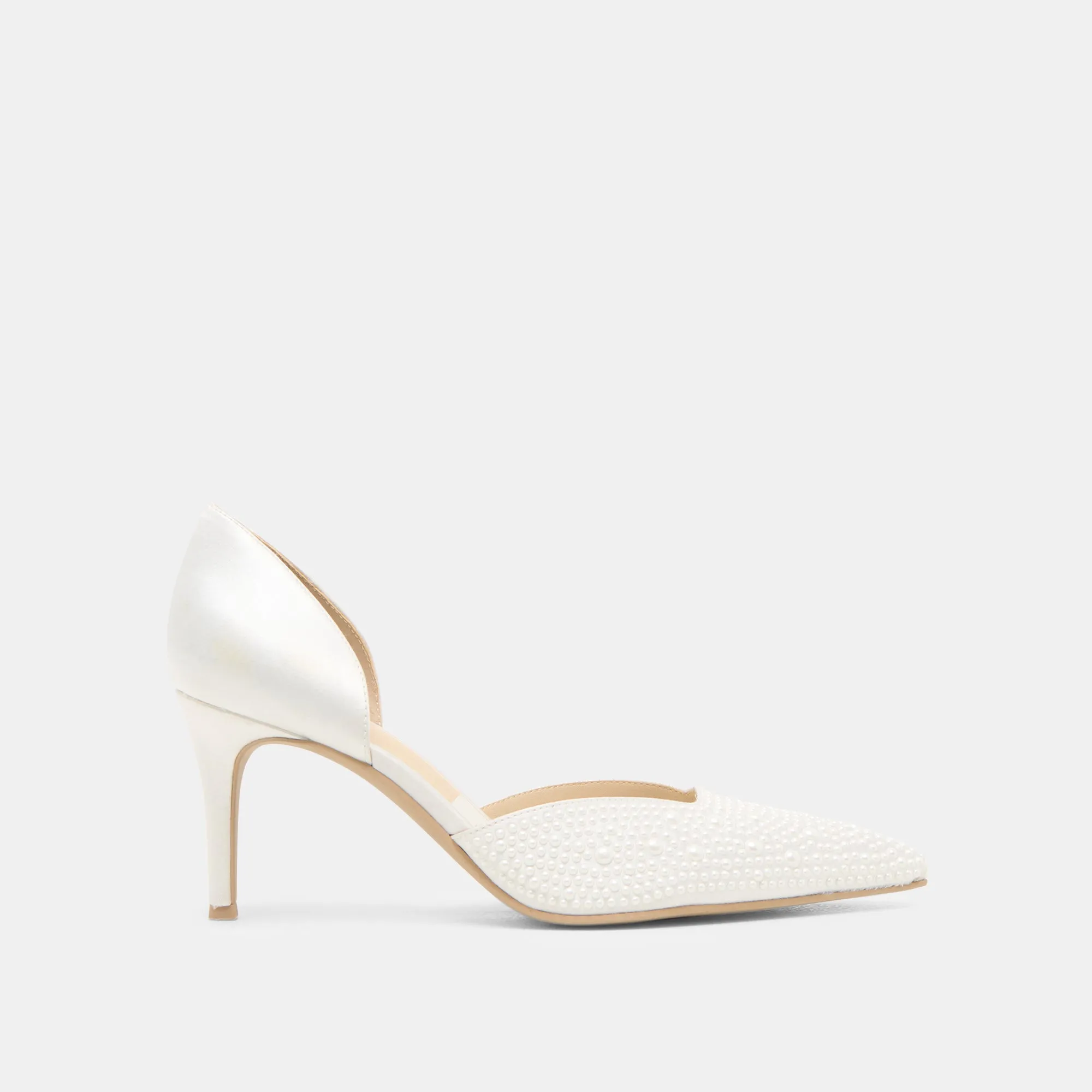 ELOY PEARL HEELS TRUE WHITE SATIN Polished Style Relaxed Mood