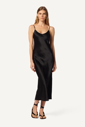 Premium Fabric TAYLOR  SILK DRESS W/ CONTRAST PIPING | BLACK/GARDENIA
