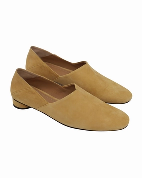 The Row Noelle Collapsible-Heel Loafers in Camel Suede Yoga Glow Block Joy
