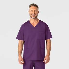 WonderWORK Men's V-Neck Scrub Top - Eggplant Durable Double Stitching