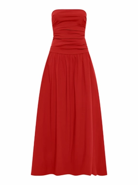 Clean Cut Gathered Strapless Tie Back Dress in Rosso