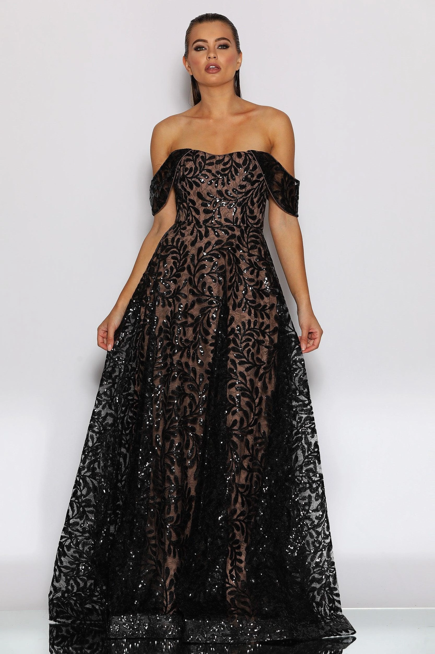 Gemma Gown - Black/Nude Silk Shine