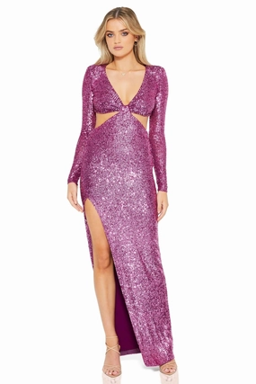 Stylish Line Side Tie Nookie Sequin Jewel Gown - Berry