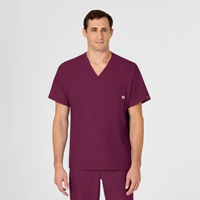 W123 Men's V-Neck Scrub Top - Wine Soft Touch