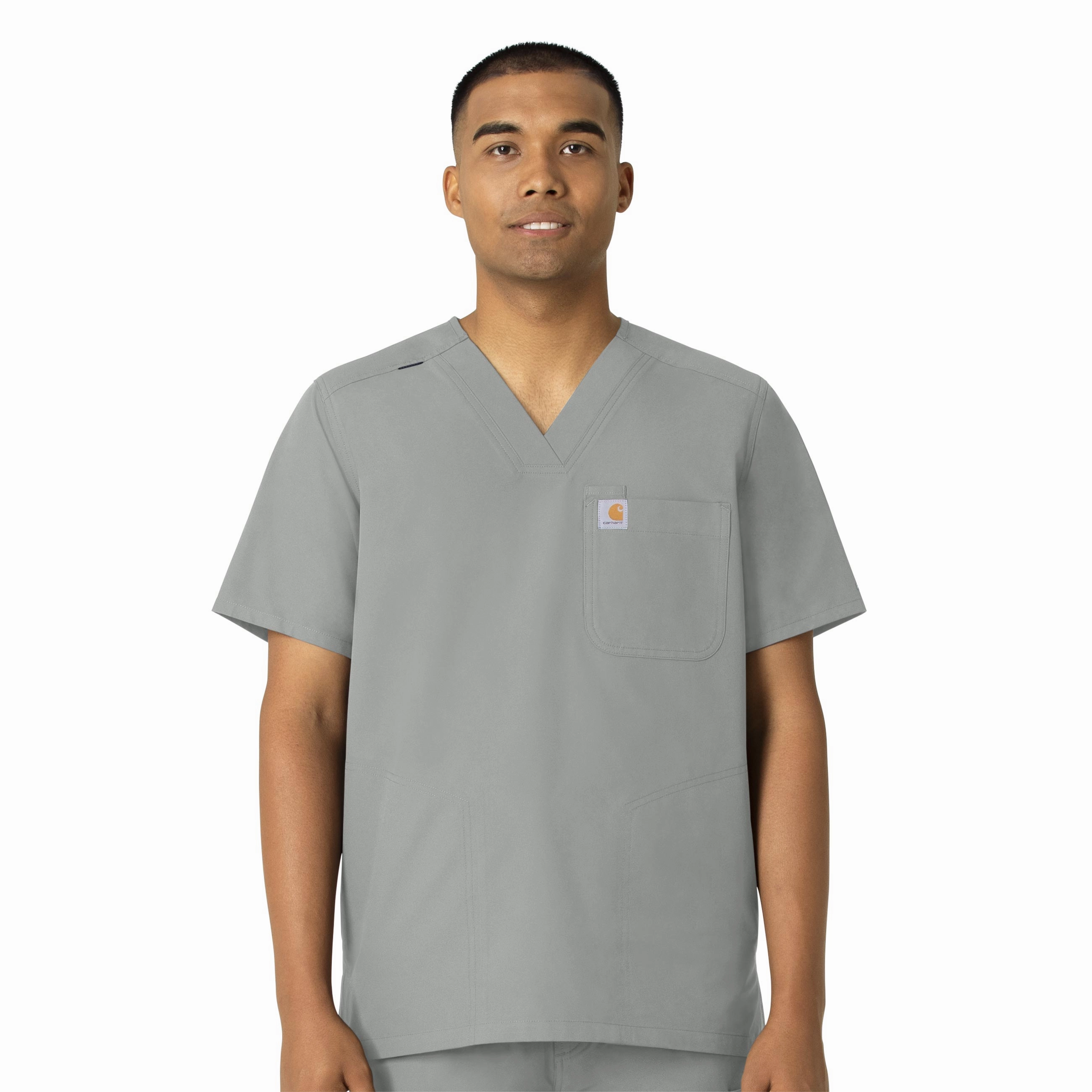 Carhartt Force Essentials Men's V-Neck Shirttail Scrub Top - Grey Contoured Side Panels