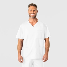 SlubTexture AntiStaticFabric WonderWORK Men's V-Neck Scrub Top - White