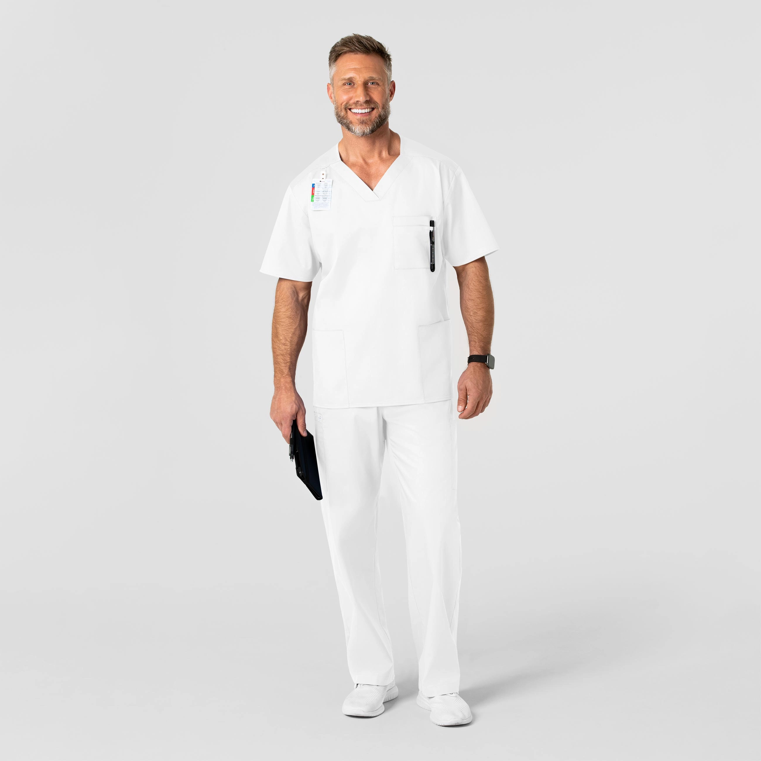 WonderWORK Men's V-Neck Scrub Top - White Odor Neutralizing Technology Odor Control Finish