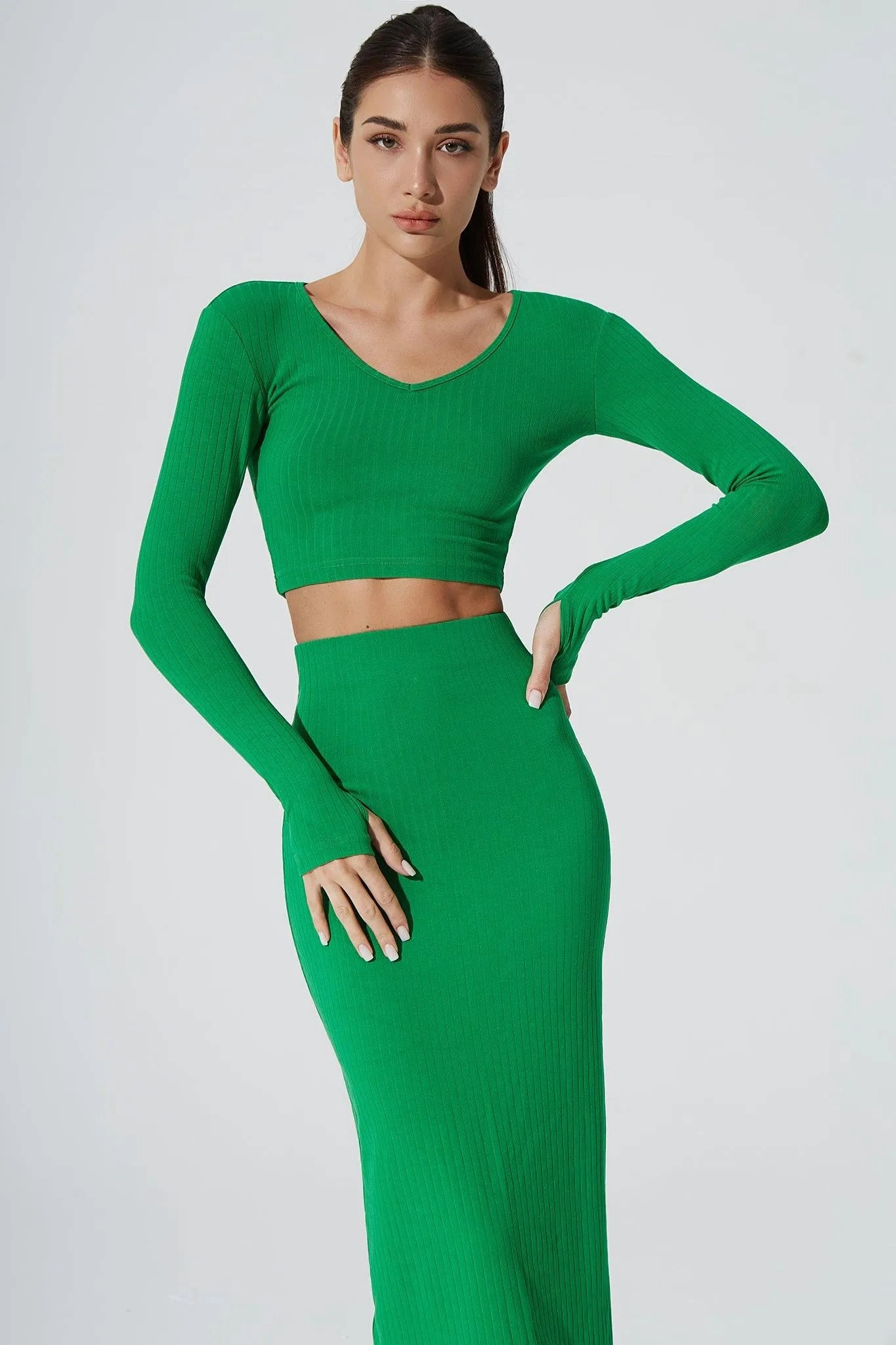 Quick Dry Performance Zeya Knitted Long Sleeve Crop Top - Fern Green