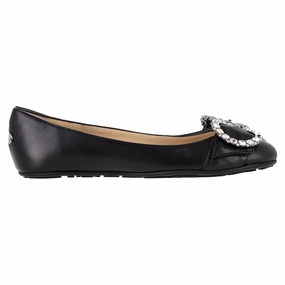 Jimmy Choo Ginny Flats with Crystal Buckle in Black Nappa Leather Cushion Fit Mid Top