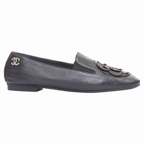 Drive Easy Chanel black leather camellia loafers