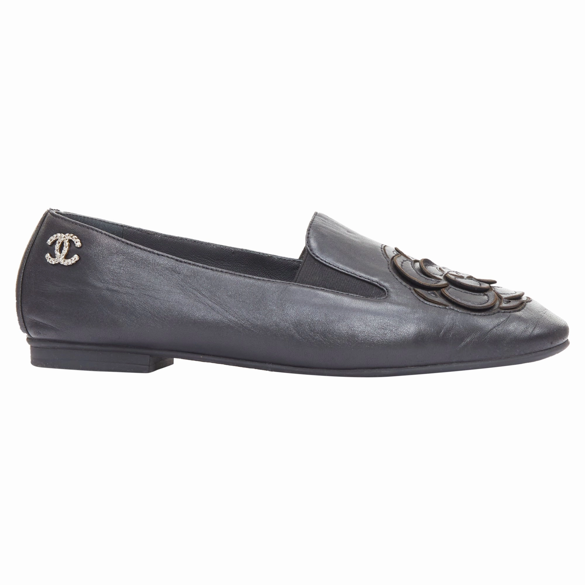 Drive Easy Chanel black leather camellia loafers