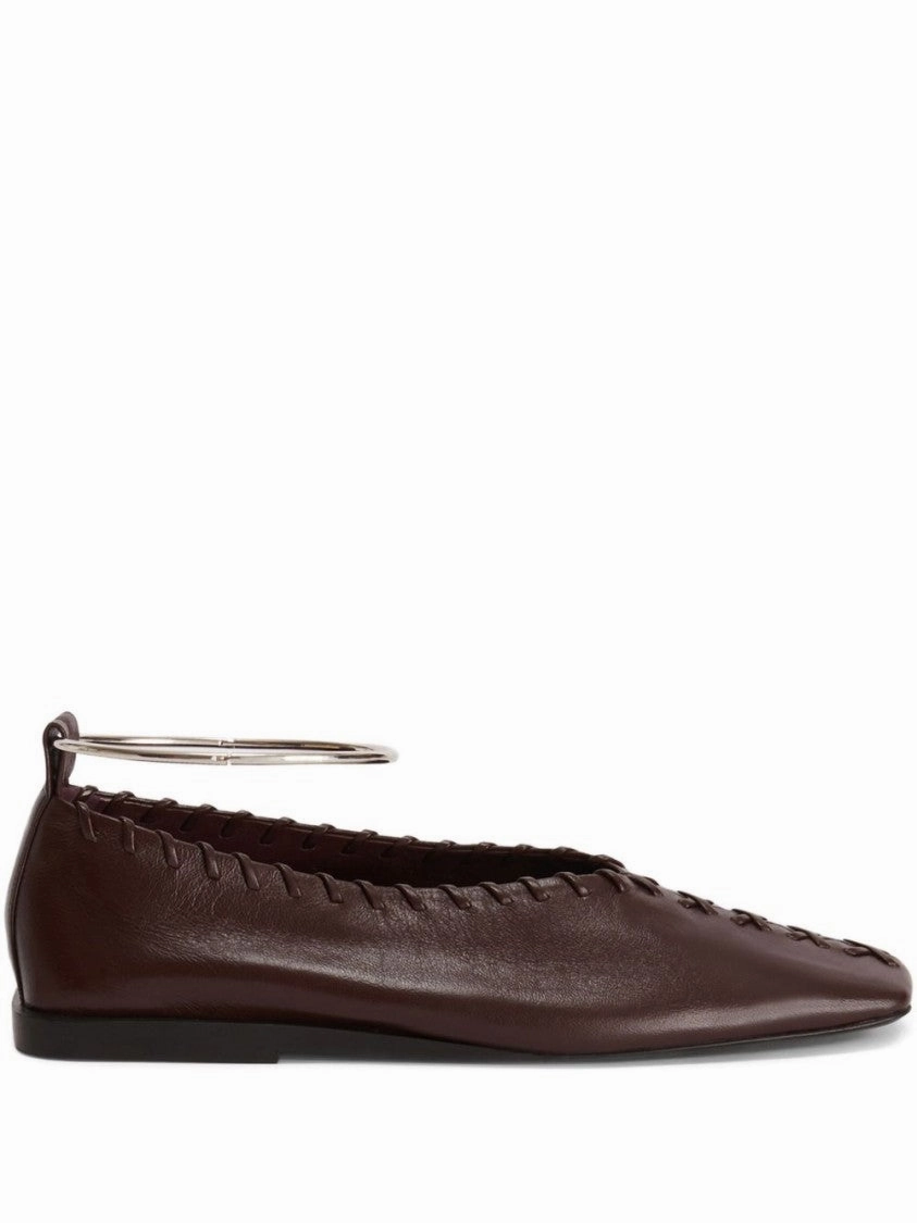 Easy Slip-On Shoes Sleek Sole Mahogany Leather Ring Ballerina With Stitched Detail