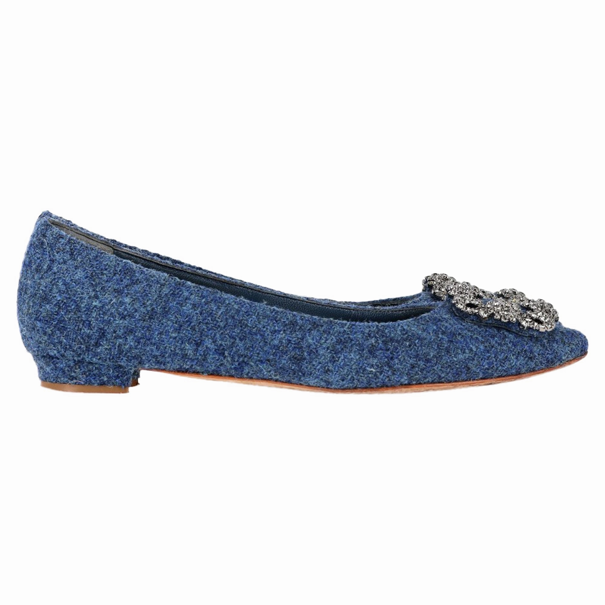 Manolo Blahnik Hangisi Embellished Flats in Blue Tweed Everyday Footwear Buy Tour