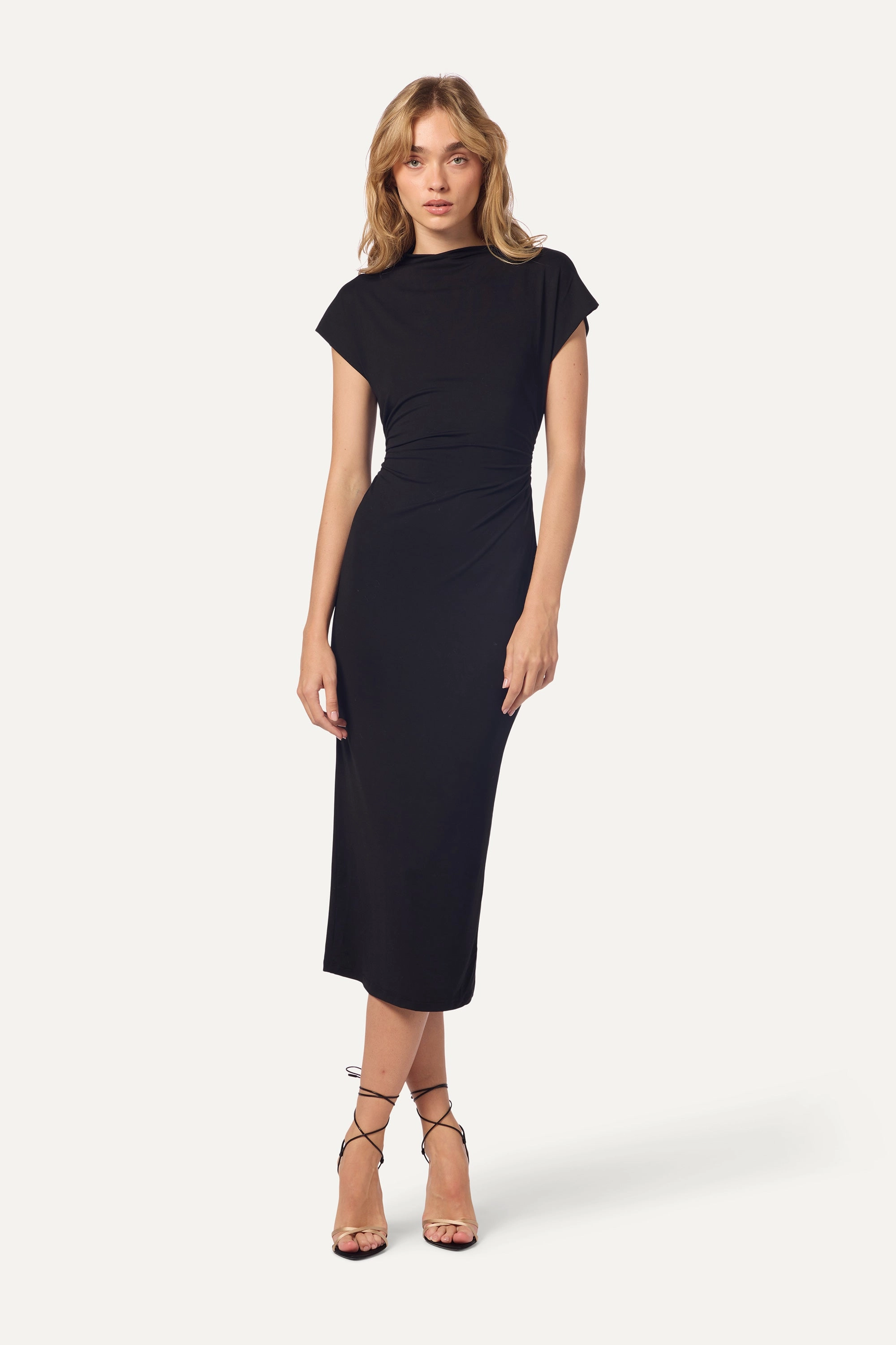 Inner lining Sheer Panel MESA SANDWASHED SLOUCHY MOCK NECK MIDI DRESS | BLACK