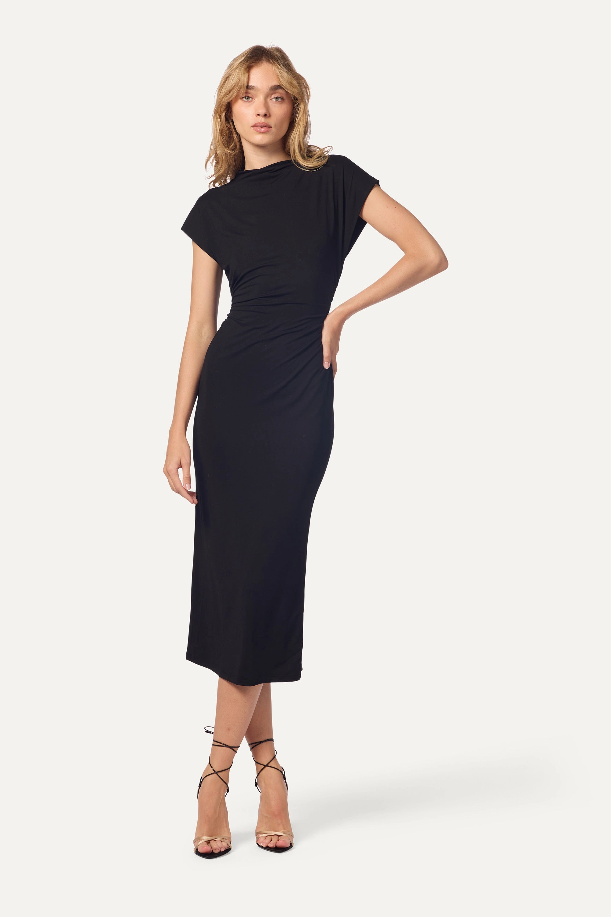 MESA SANDWASHED SLOUCHY MOCK NECK MIDI DRESS | BLACK Wrap style Smart Detail