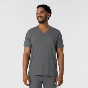 Interlock Knit Textured Weave Pattern Boundless Men's Multi Pocket V-Neck Scrub Top - Pewter