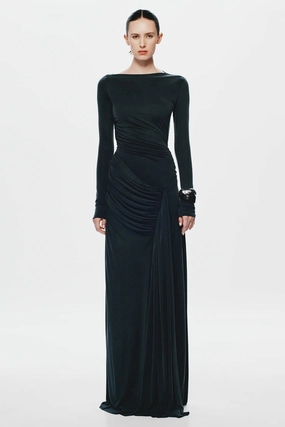 Flattering Silhouette Wear Layered Fabric Misha Glacier Cupro Long Sleeve Maxi Dress - Black