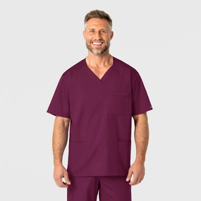 Asymmetrical hem Breathable Ventilation WonderWORK Men's V-Neck Scrub Top - Wine