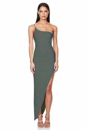 Nookie Aria One Shoulder Gown - Khaki Sharp Design Mini-Length
