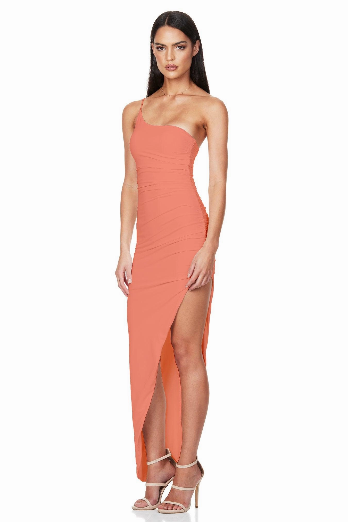 Tiered Skirt Nookie Aria One Shoulder Gown - Melon