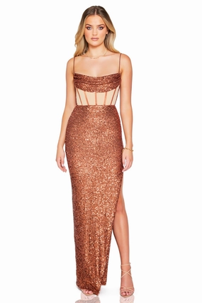 Nookie Sloane Illusion Gown - Toffee Vibrant Edge Front Ruffle