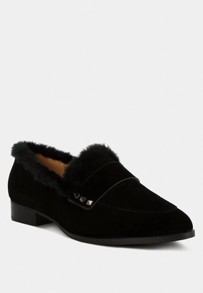 Shank Women's Allie Fur Trim Suede Loafers In Black
