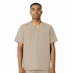Carhartt Force Essentials Men's V-Neck Shirttail Scrub Top - Khaki Interlock Knit Anti Pill Finish