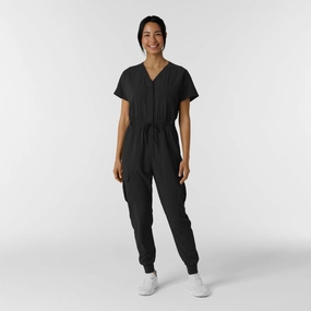 RENEW Women's Cargo Jogger Scrub Jumpsuit - Black Crisp Design
